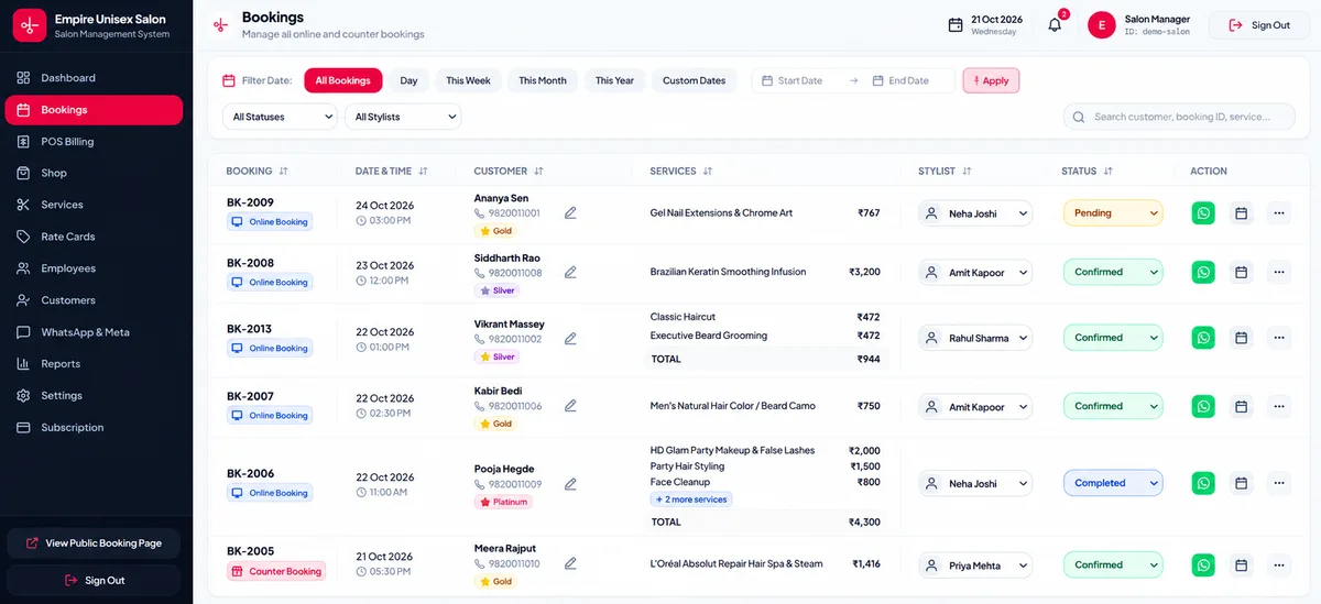 Salon Point appointment scheduling calendar and booking management screen